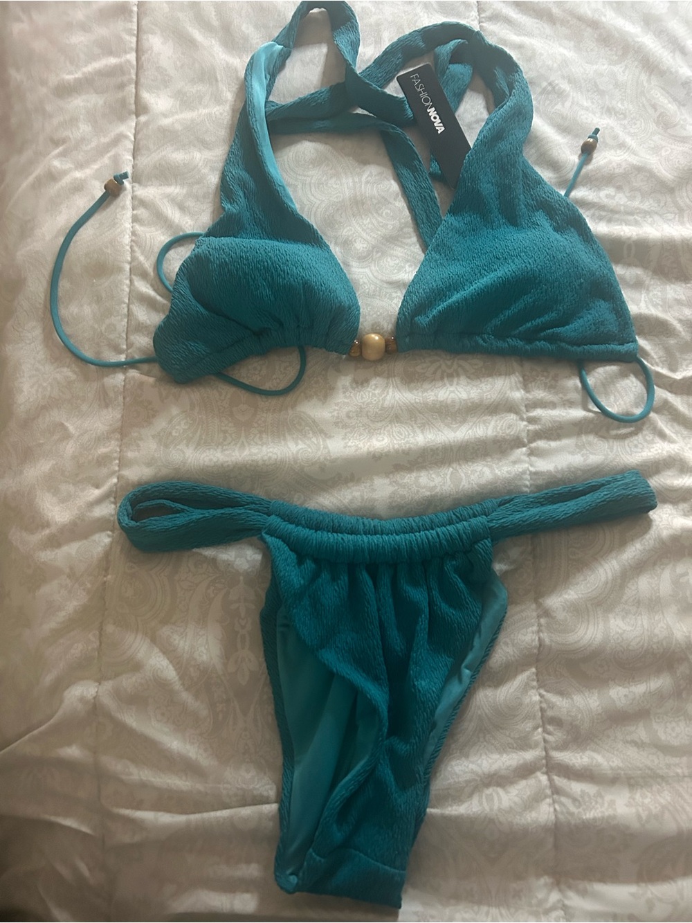Fashion Nova Teal Textured Two-Piece Bikini